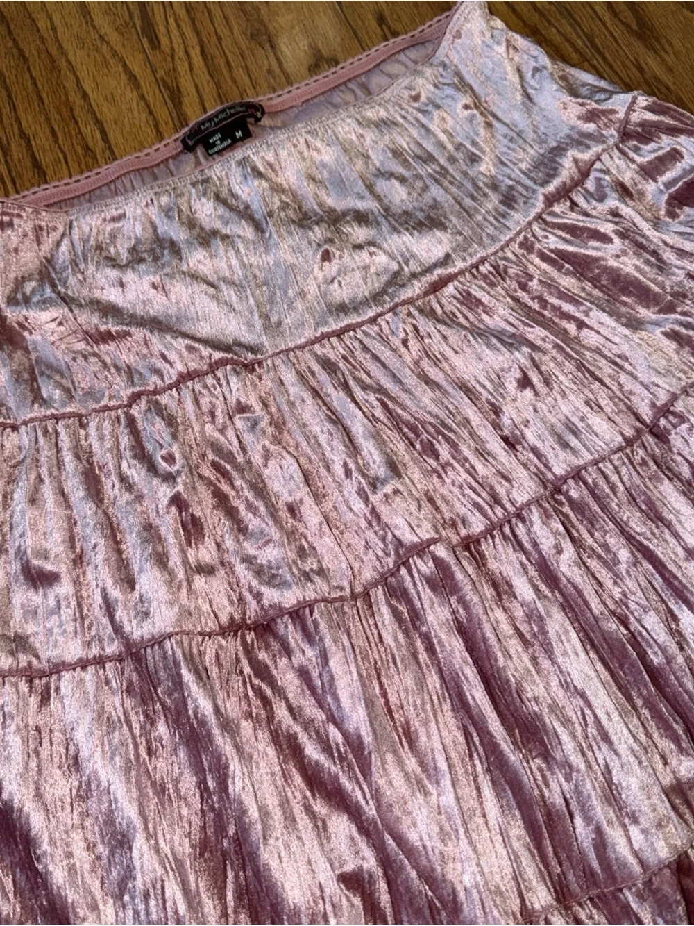My Michelle 90’s Y2k Pink Velvet Skirt Midi Stretch M-L Boho Preppy Tiered Dusty
